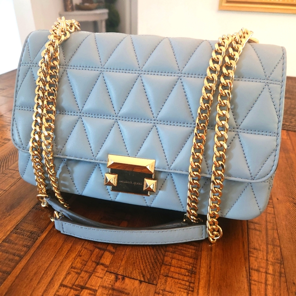 Michael Kors Large Sloan Light Blue w/Gold Quilted Leather Shoulder Bag